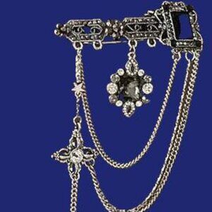 Bar Pin, Unisex, lapel brooch, with chains and marcasite look